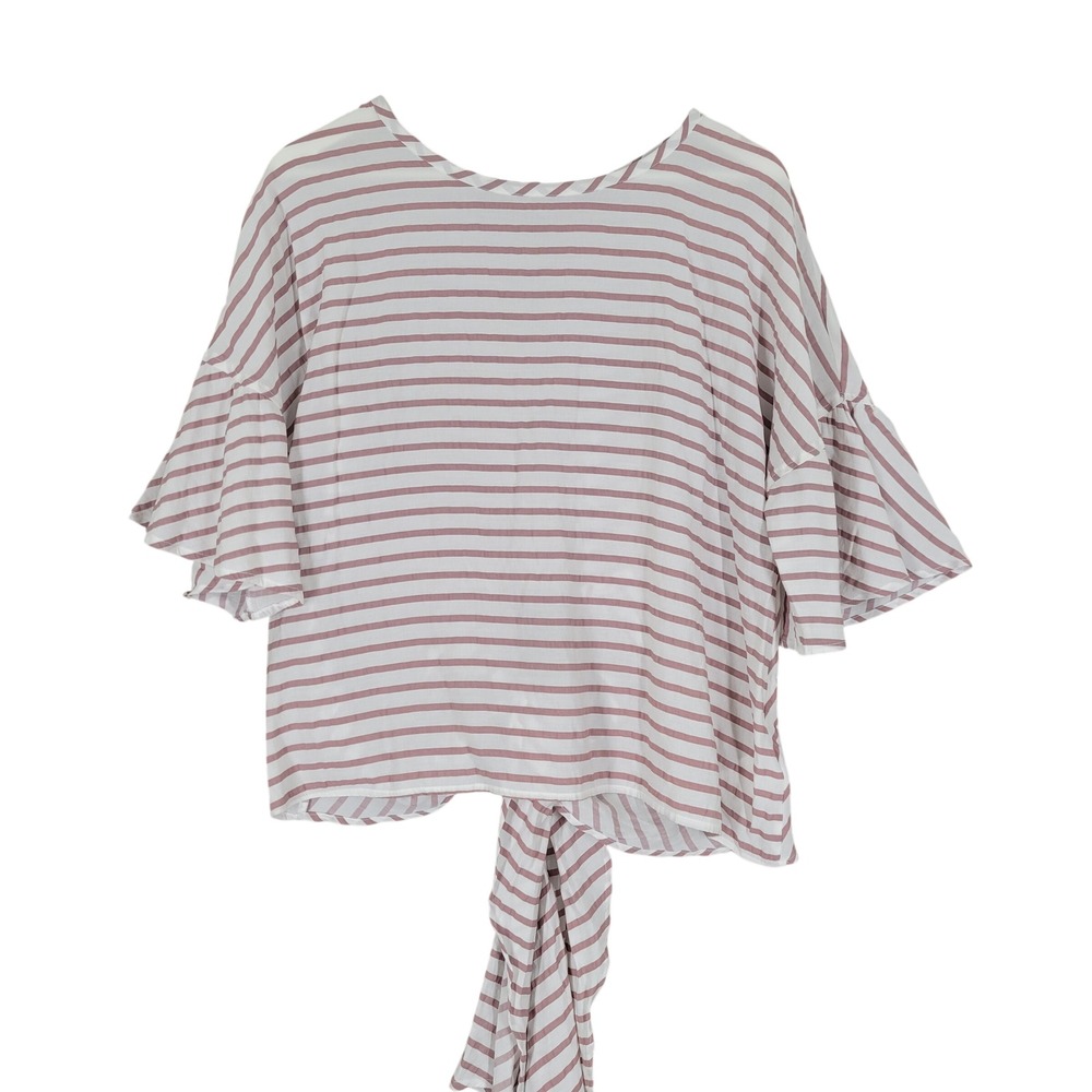 Express Blouse Womens L Pink Striped Ruffle Sleeve Tie Back Top